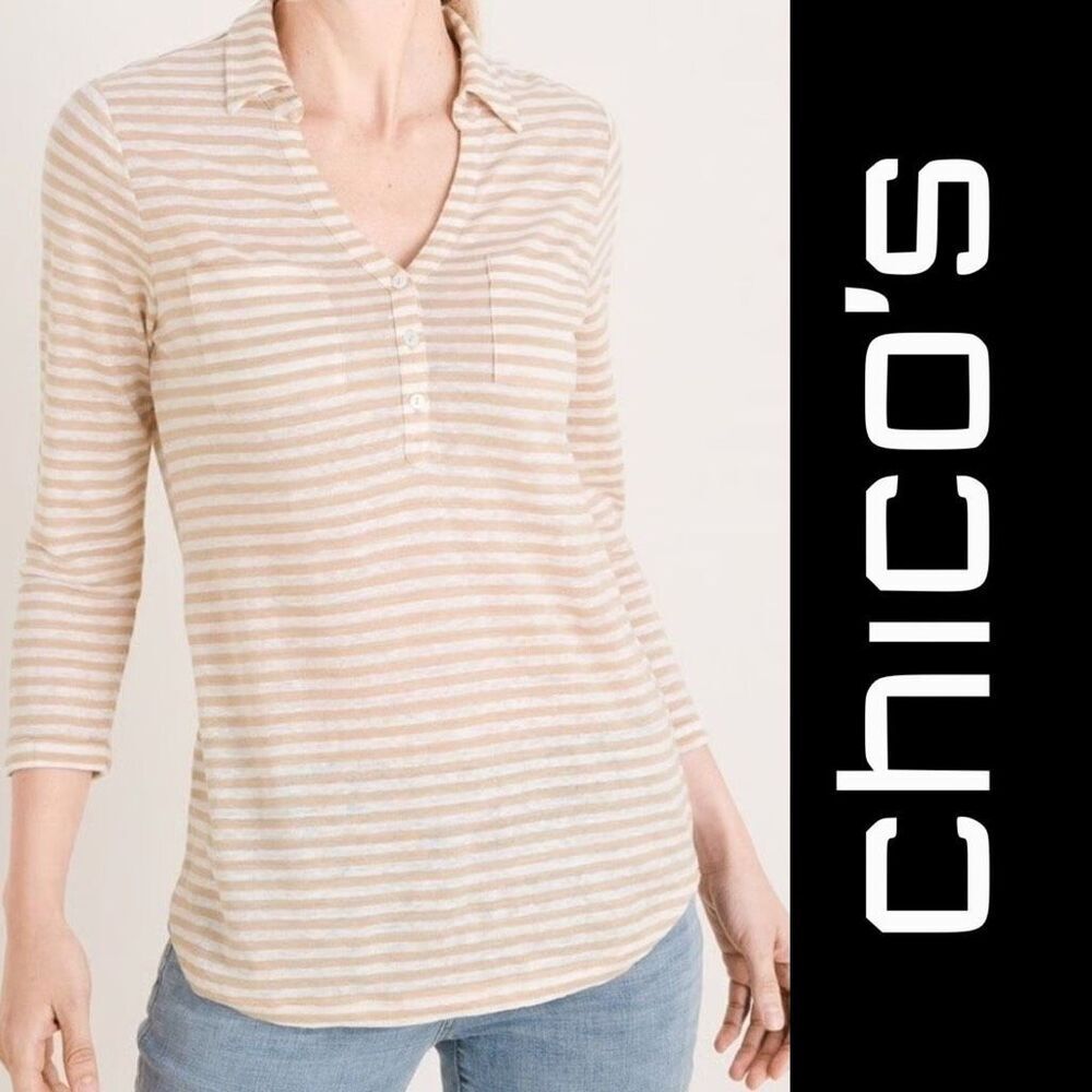 Chico’s Tan Striped Linen Henley‎ Top Size 2 Large V-Neck